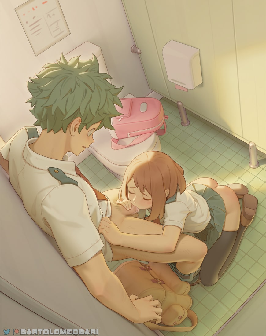 Uraraka Sucking Deku in School Bathroom by bartolomeobari | My Hero Academia Hentai 1
